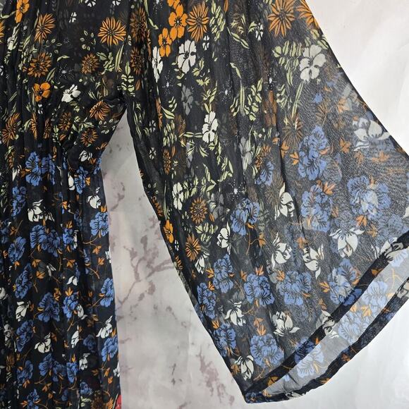 Floreat Dress Womens Small Black Floral Midi Kimono Cover Up Topper Long - Picture 12 of 13